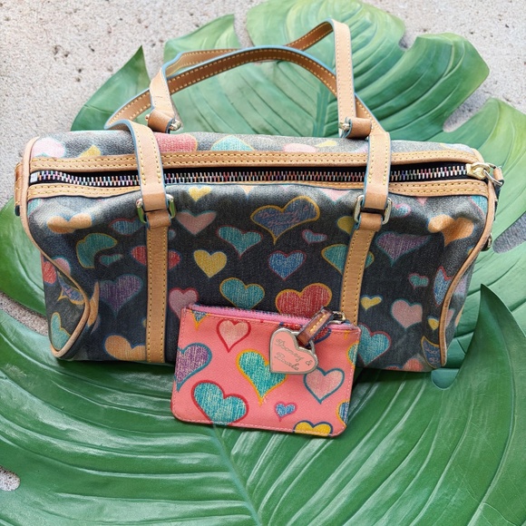 Dooney & Bourke Handbags - Vintage Rooney & Bourke Hearts Black Barrel Satchel + Pink Hearts Card/Coin Purs